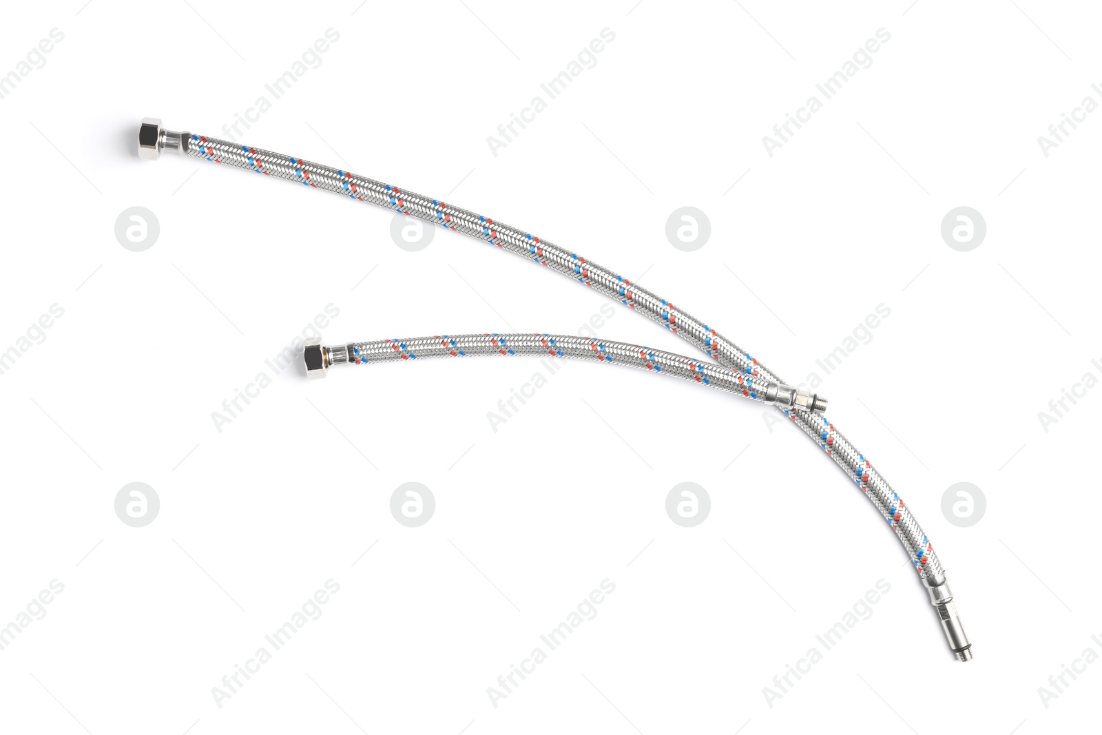 Photo of Water braided metal hoses isolated on white background. Plumbing supplies