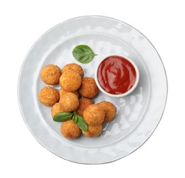 Photo of Delicious fried tofu balls, sauce and basil on white background, top view