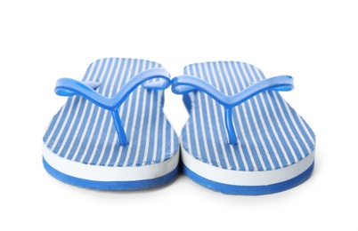 Bright flip flops on white background. Beach object