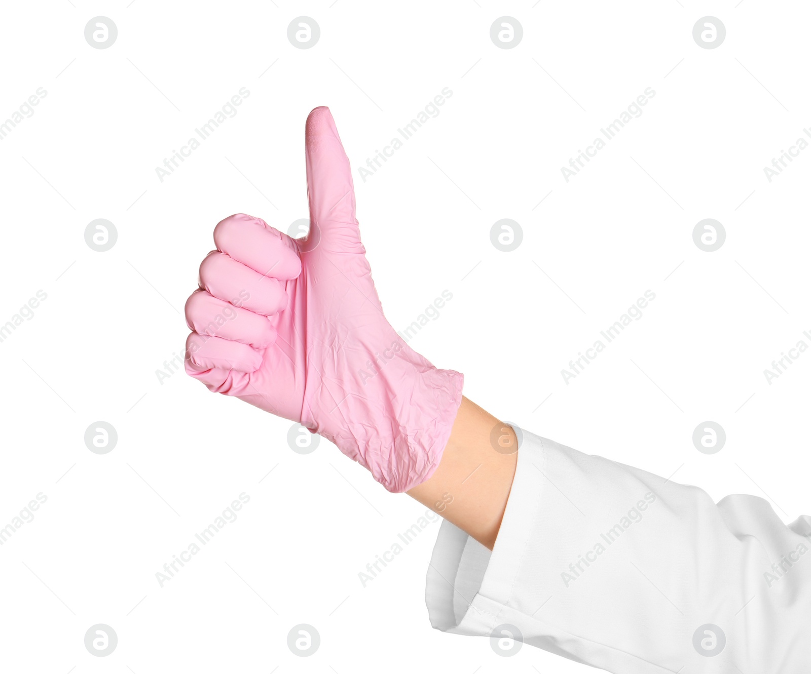 Photo of Doctor in medical glove showing thumb-up gesture on white background