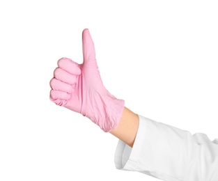 Doctor in medical glove showing thumb-up gesture on white background