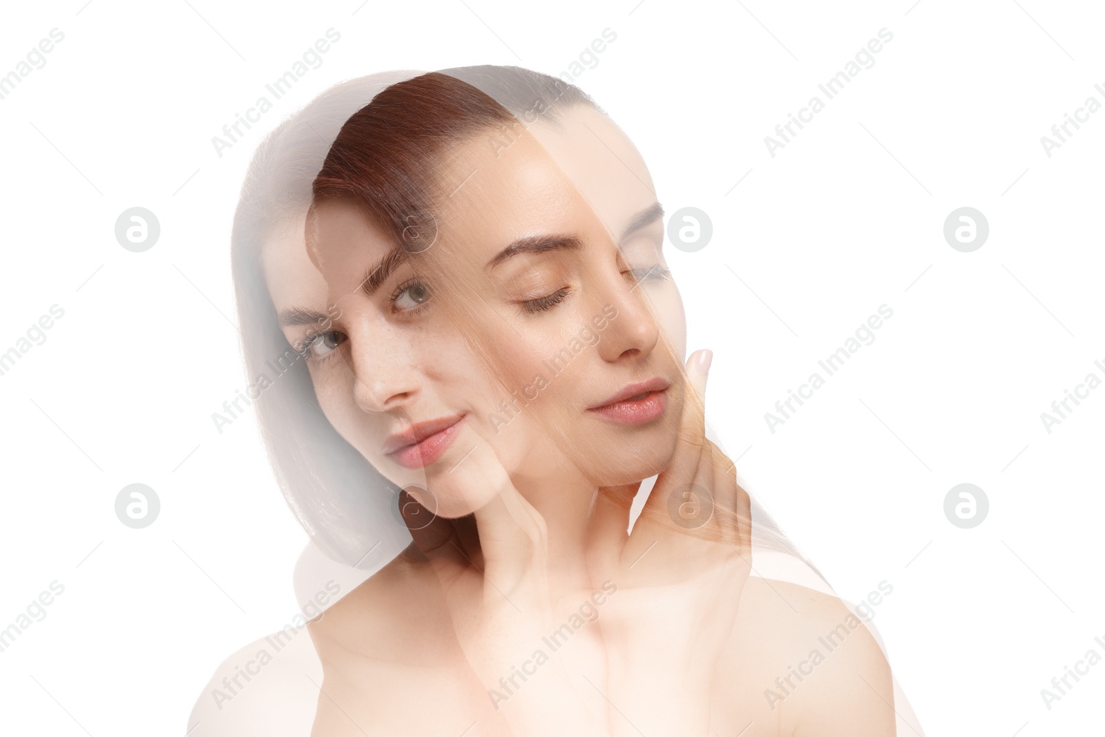 Image of Double exposure of beautiful women on white background