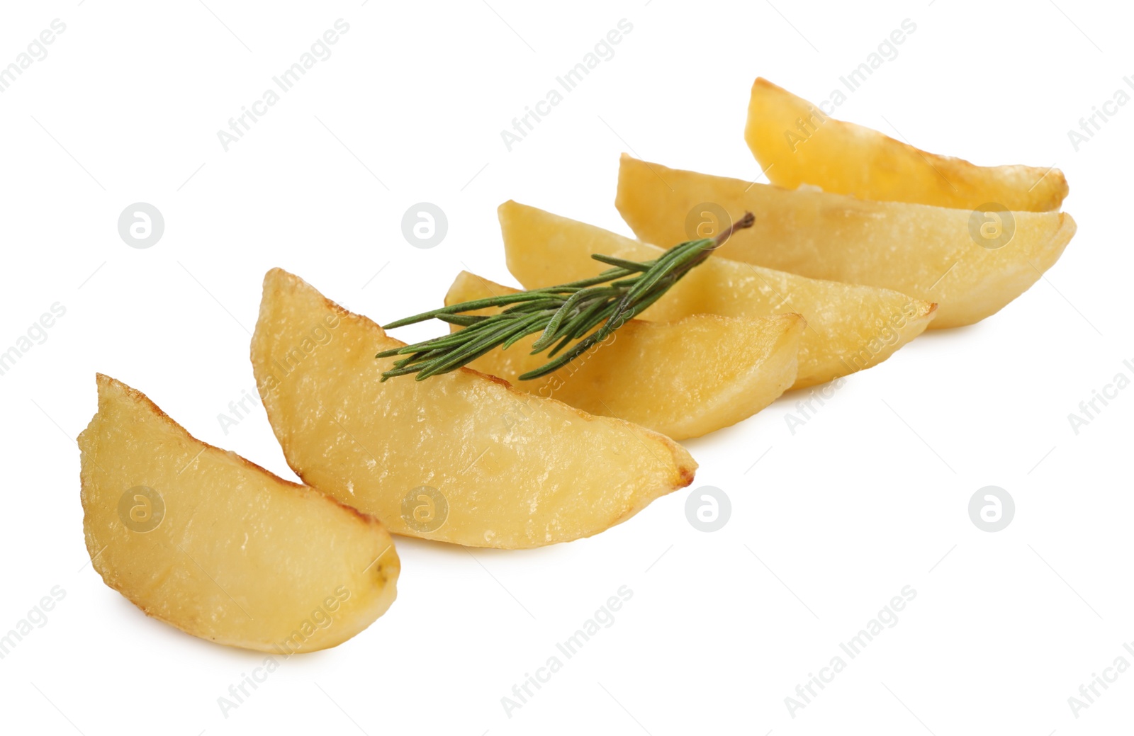 Photo of Tasty baked potato wedges with rosemary on white background