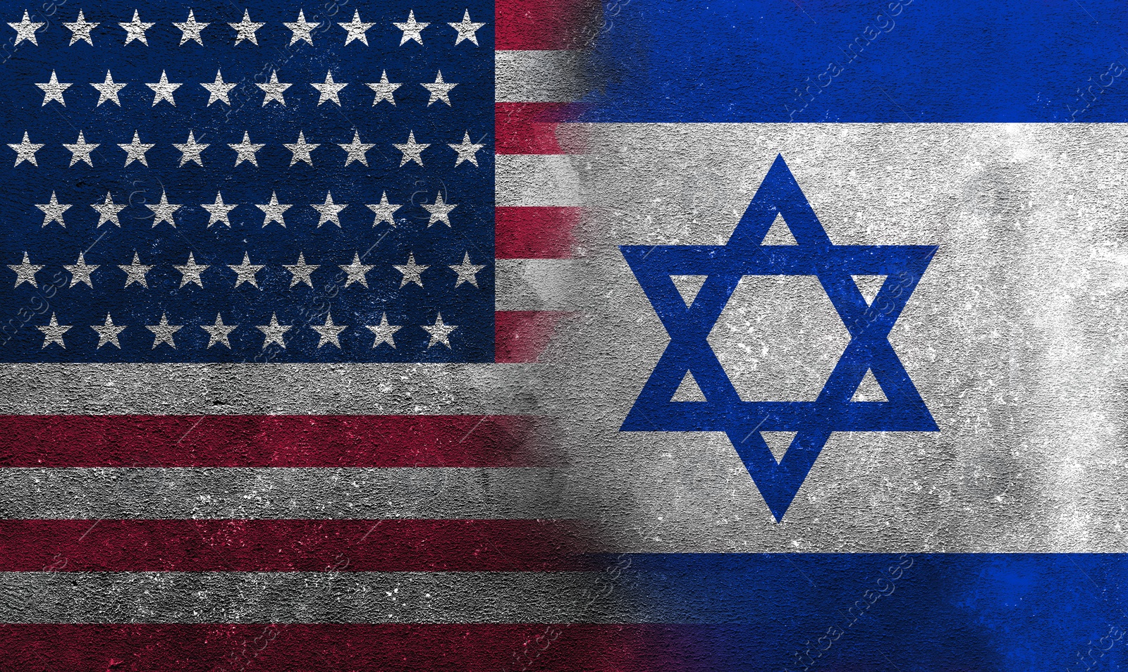 Image of International relations. National flags of Israel and USA on textured surface, banner design