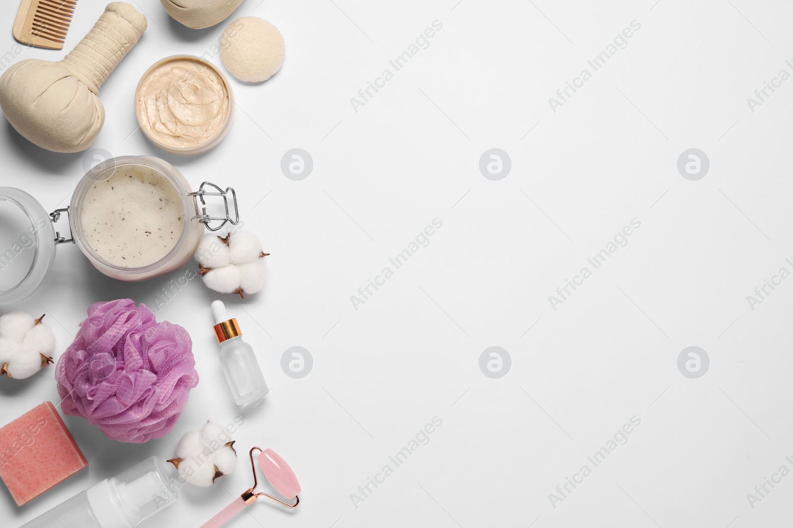 Photo of Bath accessories. Flat lay composition with personal care products on white background, space for text