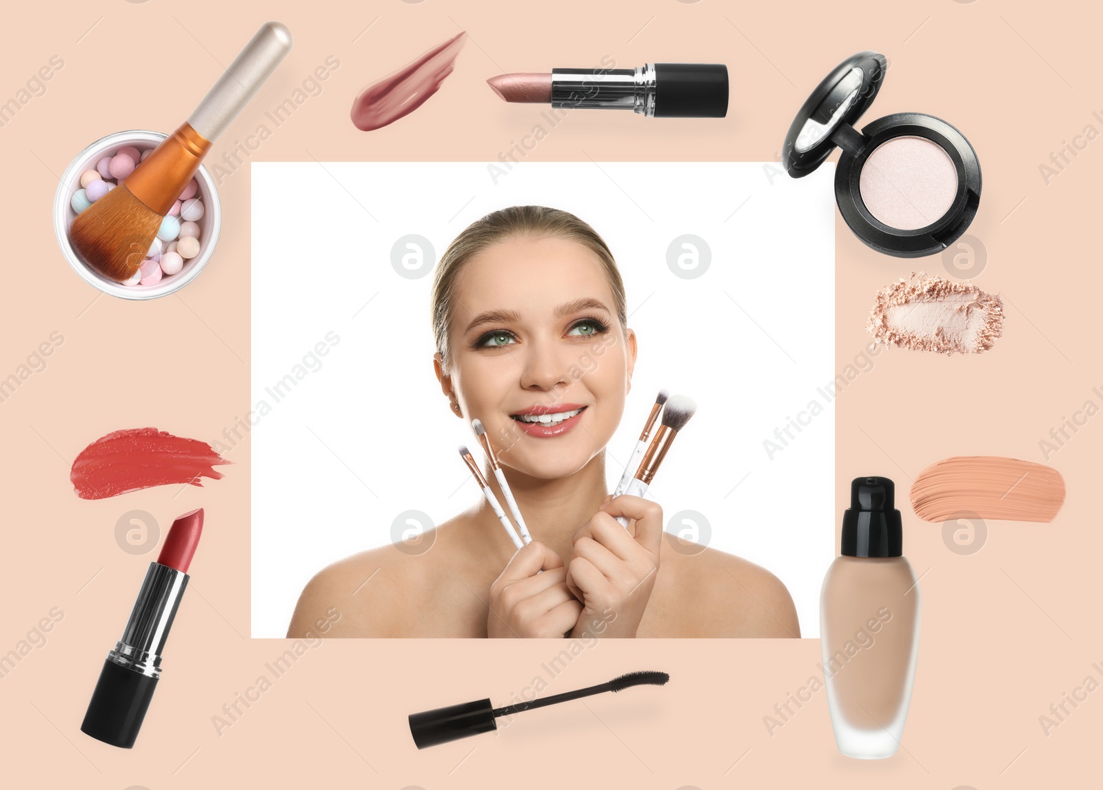 Image of Beautiful woman and professional cosmetic products on color background. Makeup artist