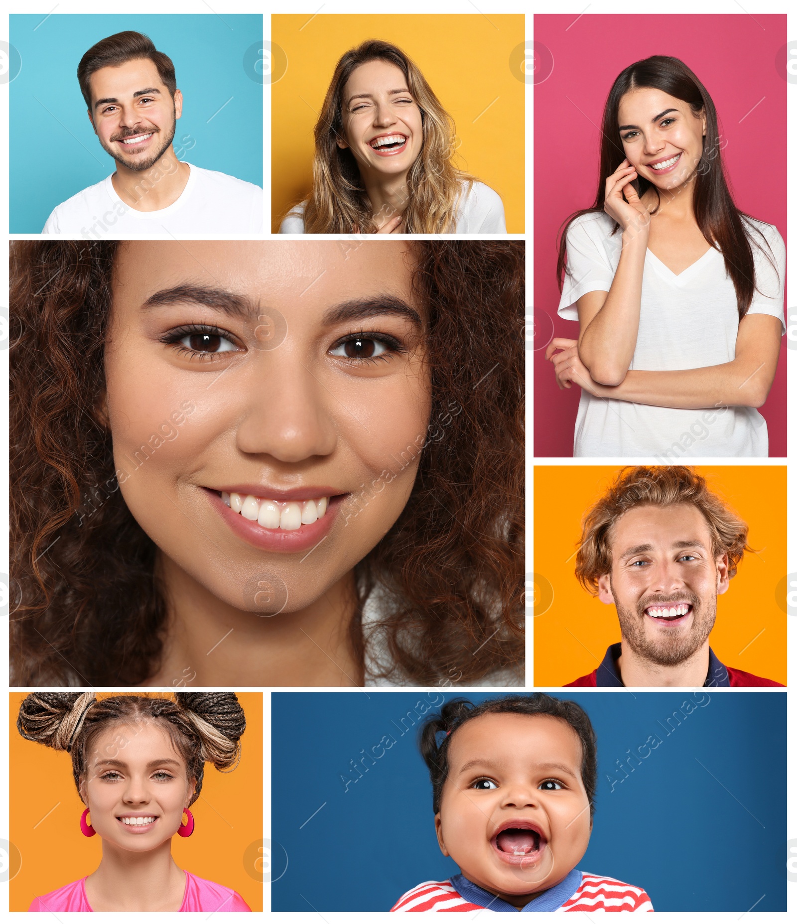 Image of Collage with portraits of happy people on different color backgrounds