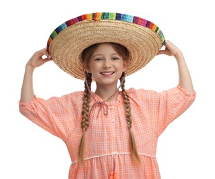 Photo of Cute girl in Mexican sombrero hat on white background