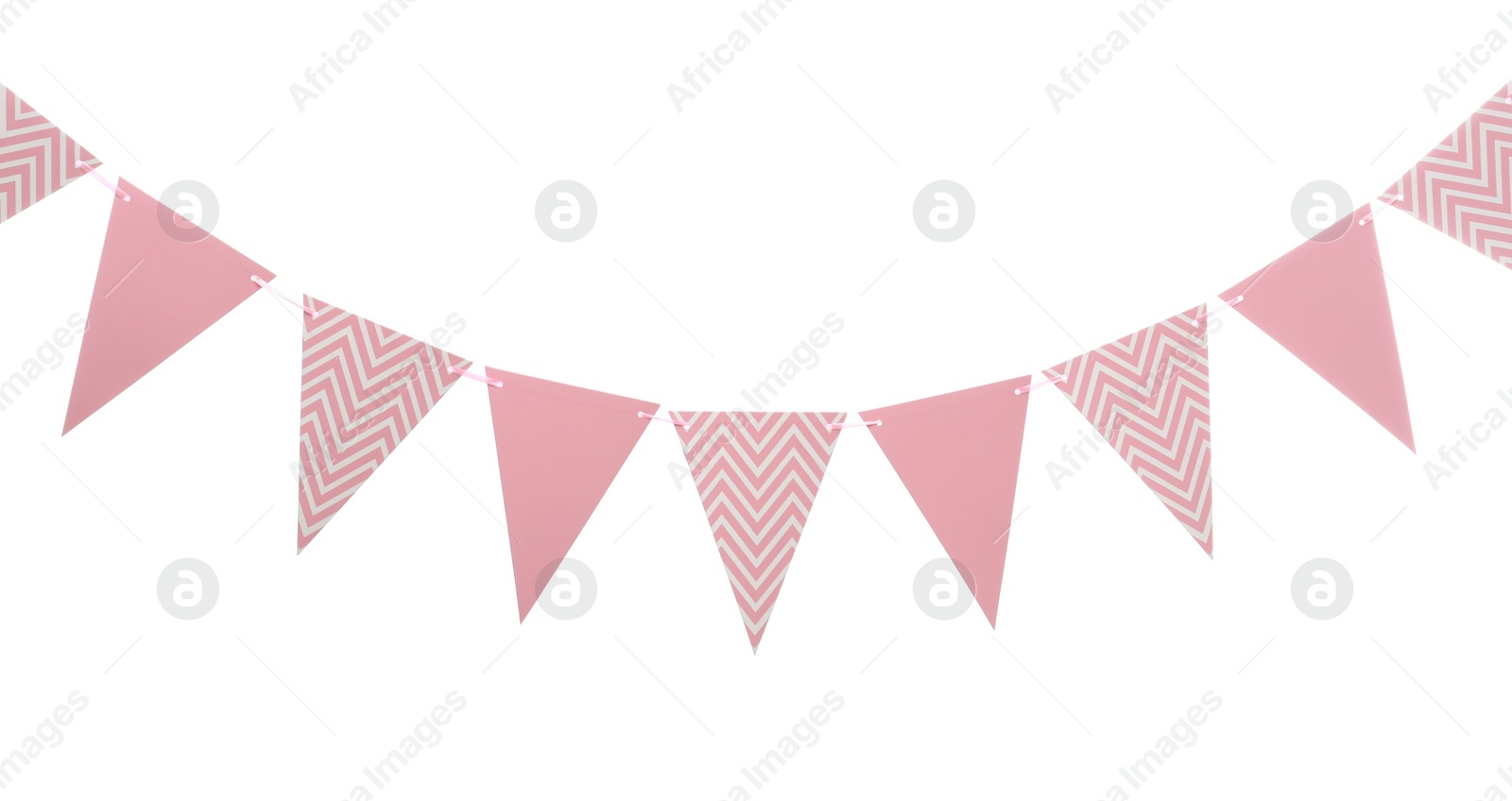 Photo of Triangular bunting flags on white background. Festive decor