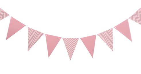 Triangular bunting flags on white background. Festive decor