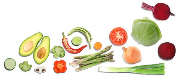 Image of Collage with many vegetables and fruits on white background, top view