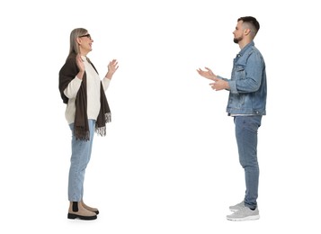 Young man and senior woman talking on white background. Dialogue