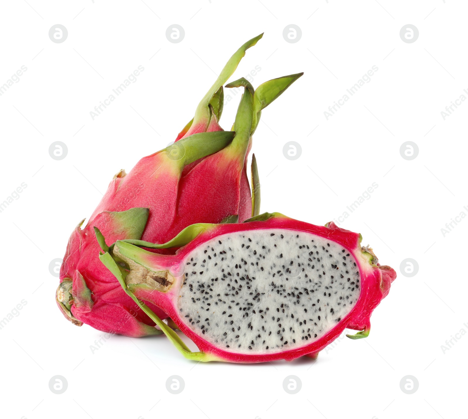 Photo of Delicious cut and whole dragon fruits (pitahaya) on white background