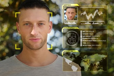 Facial recognition system. Man with scanner frame and personal data outdoors