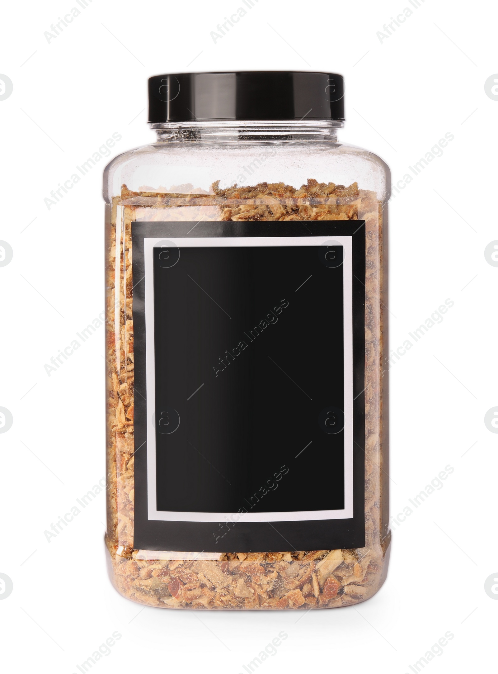 Photo of Dried orange zest seasoning in jar isolated on white