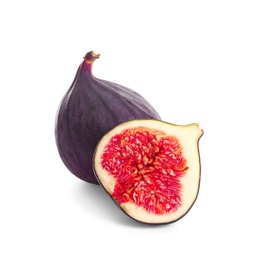 Photo of Whole and cut purple figs on white background