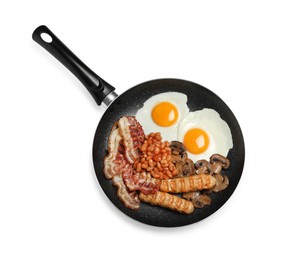 Photo of Frying pan with cooked traditional English breakfast isolated on white, top view