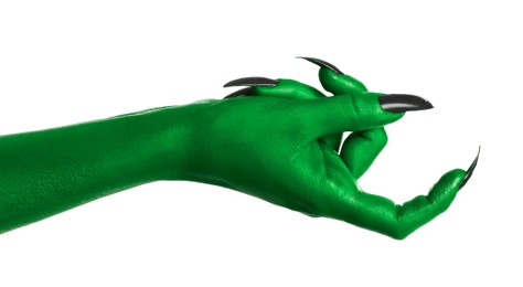 Creepy monster. Green hand with claws isolated on white