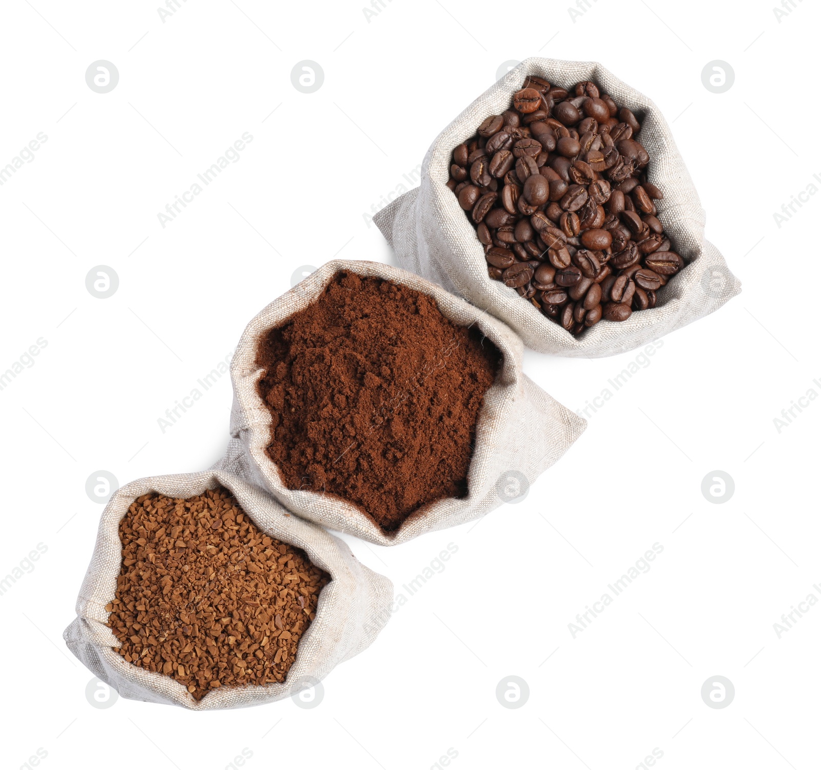 Photo of Bags with different types of coffee on white background, top view