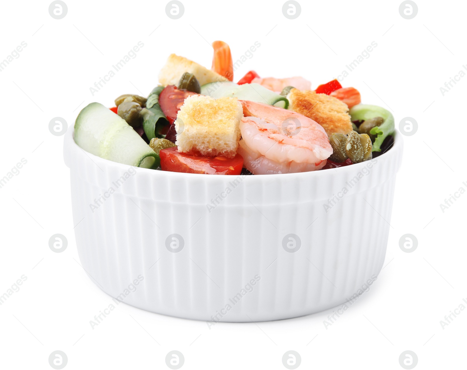 Photo of Tasty salad with croutons, tomato and shrimps isolated on white