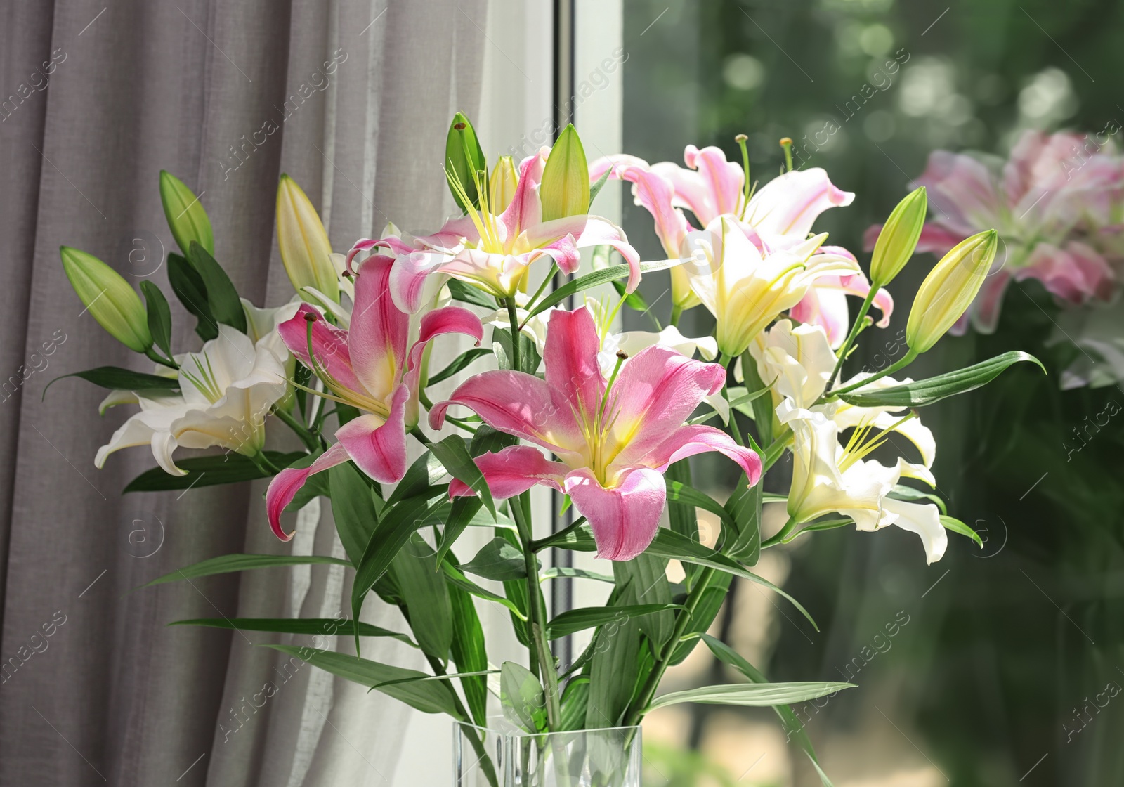 Photo of Vase with bouquet of beautiful lilies near window, closeup