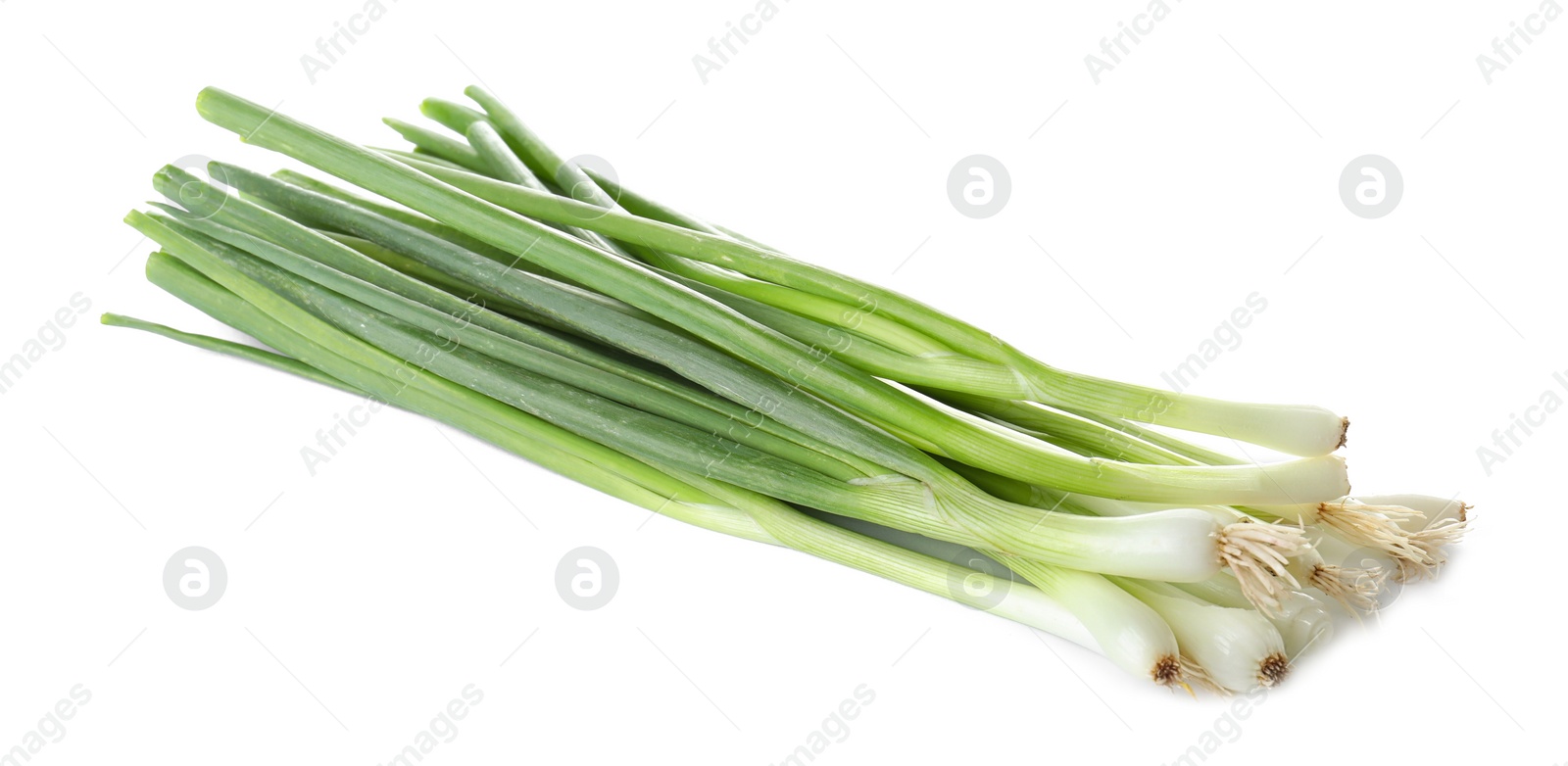 Photo of Bunch of fresh ripe green onions on white background