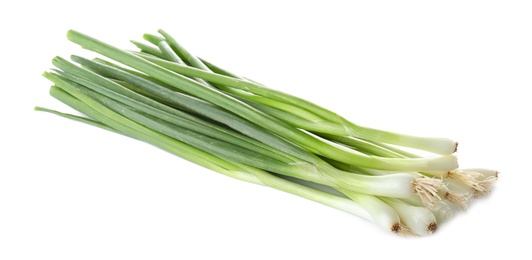 Photo of Bunch of fresh ripe green onions on white background