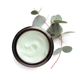 Photo of Jar of hand cream and eucalyptus on white background, top view