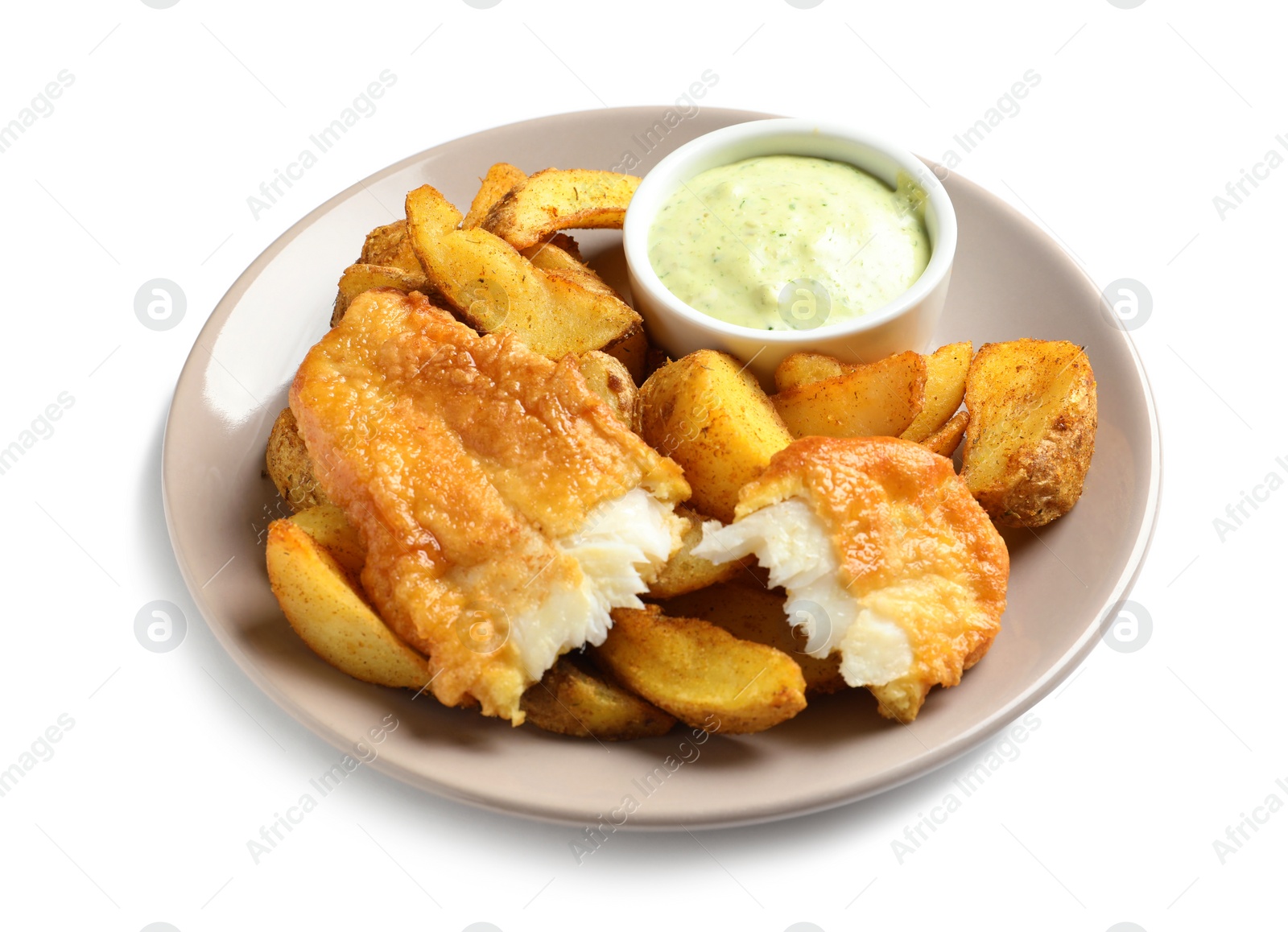 Photo of Plate with British Traditional Fish and potato chips on white background