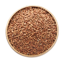 Photo of Raw buckwheat grains in bowl on white background, top view