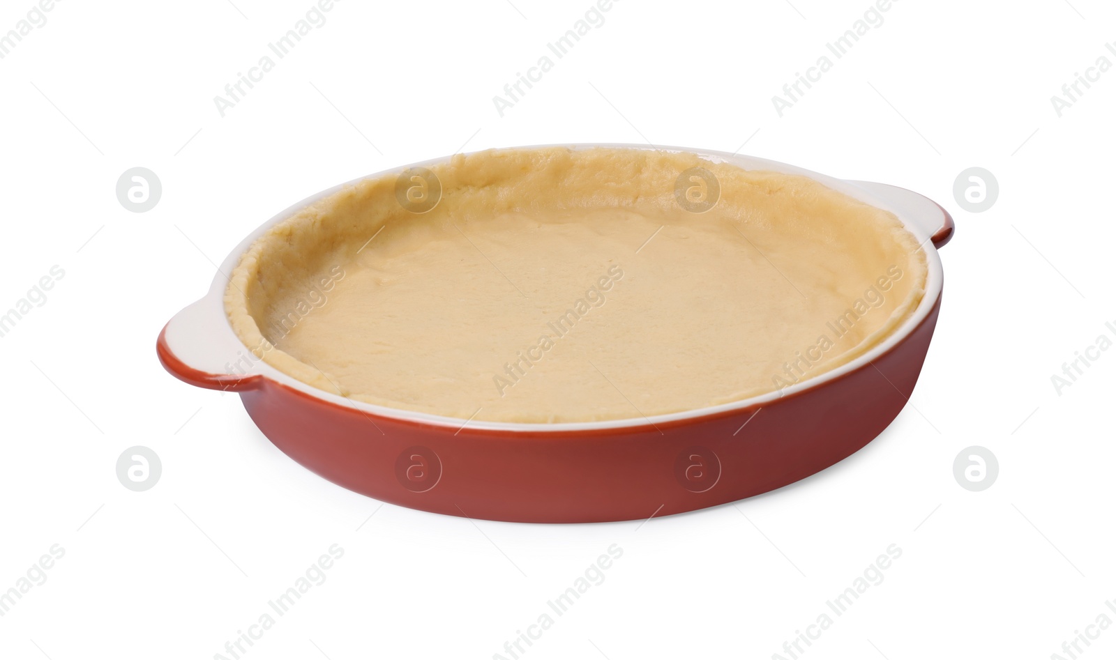 Photo of Pie tin with fresh dough isolated on white. Making quiche