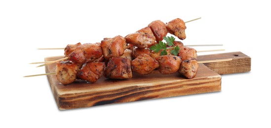 Board with delicious shish kebabs isolated on white