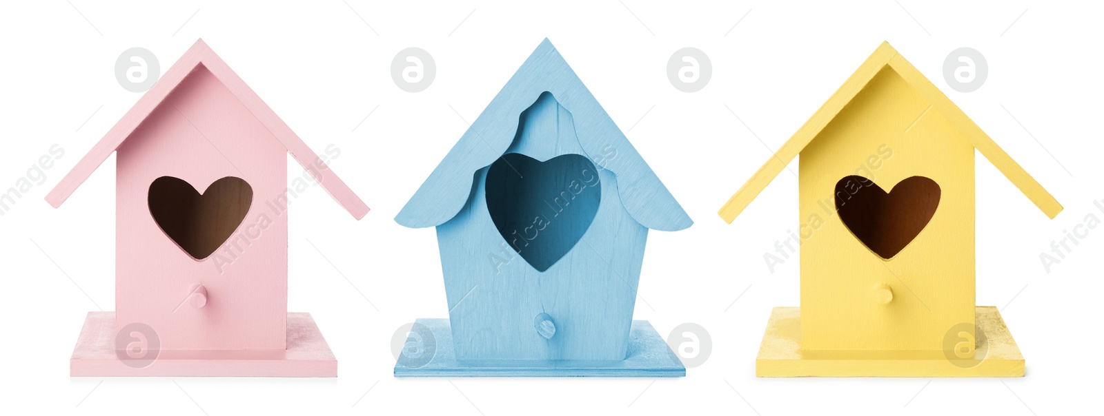 Image of Set with different colorful bird houses on white background, banner design 