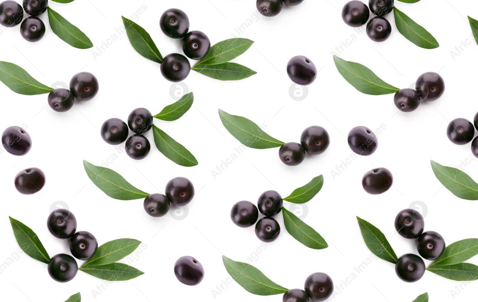 Image of Set of fresh acai berries with green leaves on white background