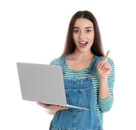 Photo of Portrait of young woman in casual outfit with laptop on white background