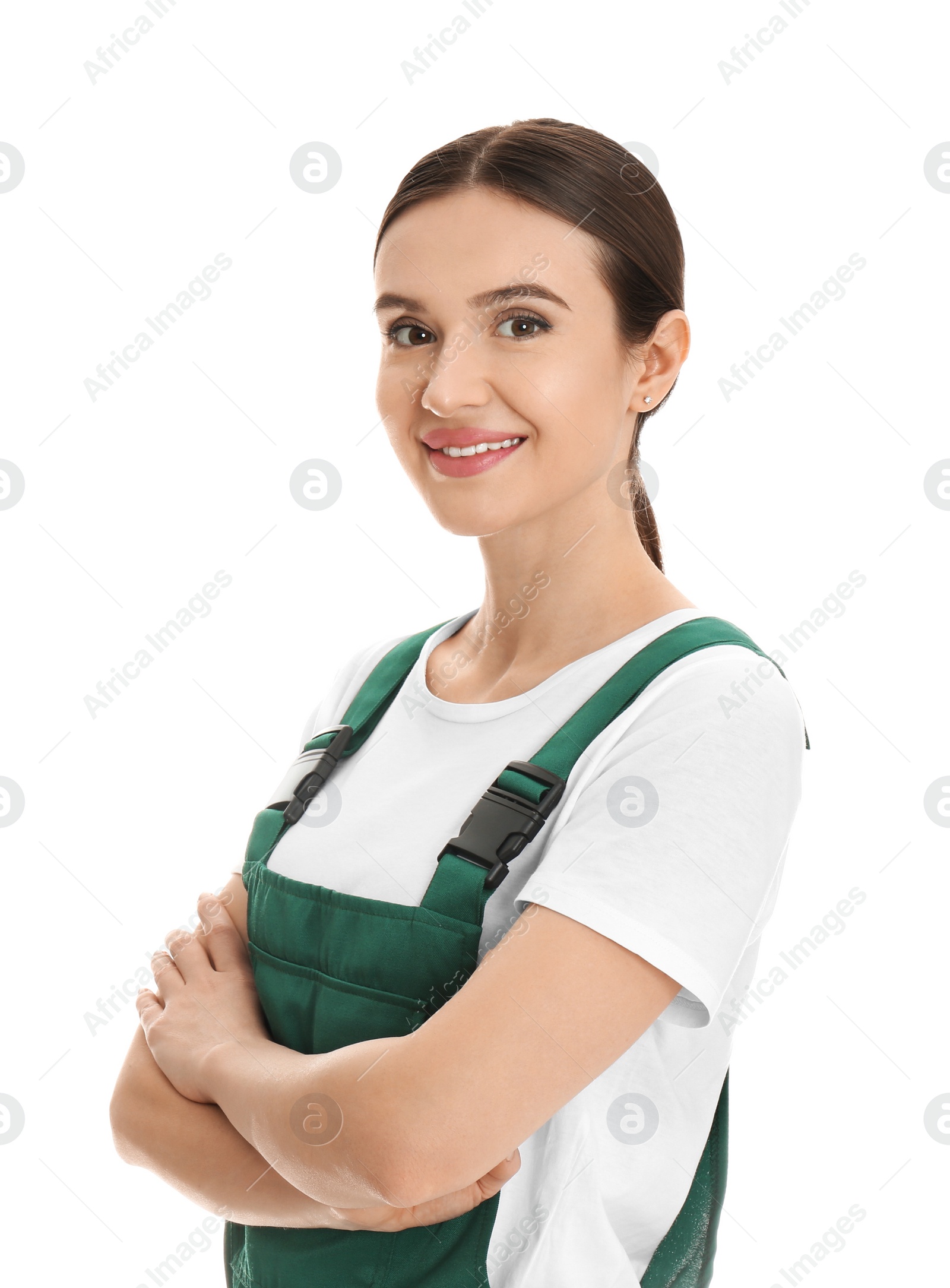 Photo of Portrait of professional auto mechanic on white background