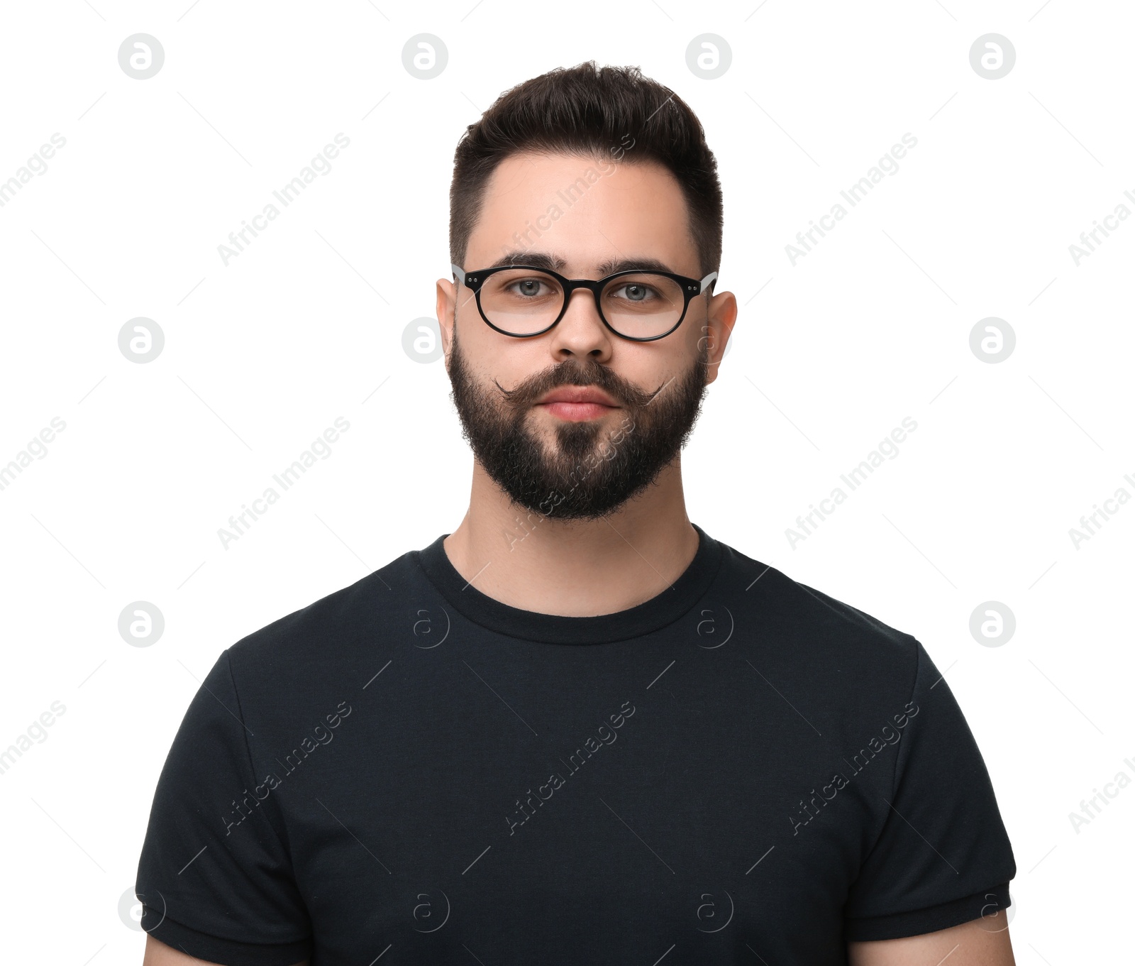Photo of Portrait of young man with mustache on white background