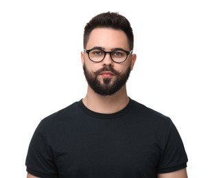 Portrait of young man with mustache on white background