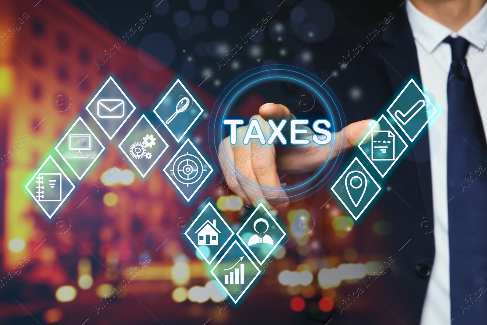 Image of Tax concept. Man using virtual screen, closeup