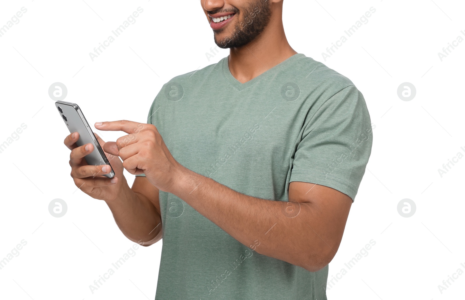 Photo of Man sending message via smartphone on white background, closeup