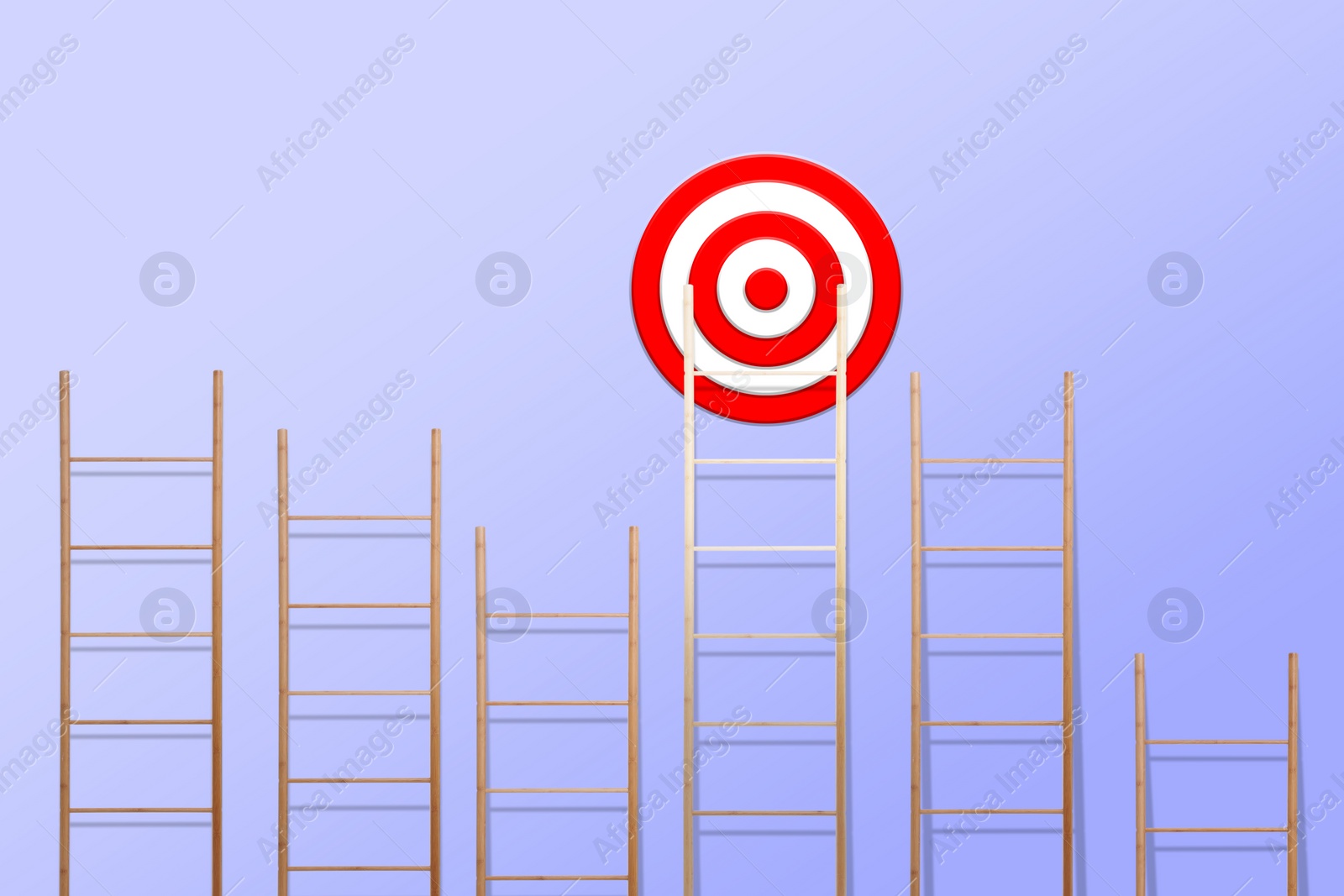 Image of Target and achievement concept. Wooden ladders and one leading to bullseye on blue background