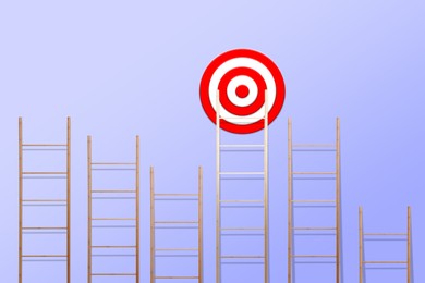 Image of Target and achievement concept. Wooden ladders and one leading to bullseye on blue background