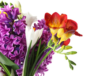 Photo of Bouquet of beautiful spring flowers on white background