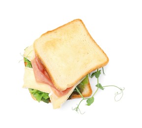 Photo of Tasty sandwich with brie cheese and prosciutto isolated on white, top view