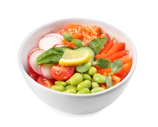 Photo of Poke bowl with salmon, edamame beans and vegetables isolated on white