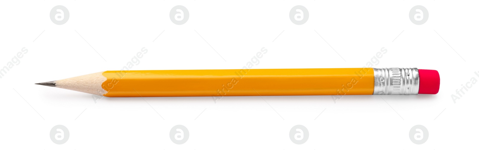 Photo of Short graphite pencil with eraser isolated on white. School stationery