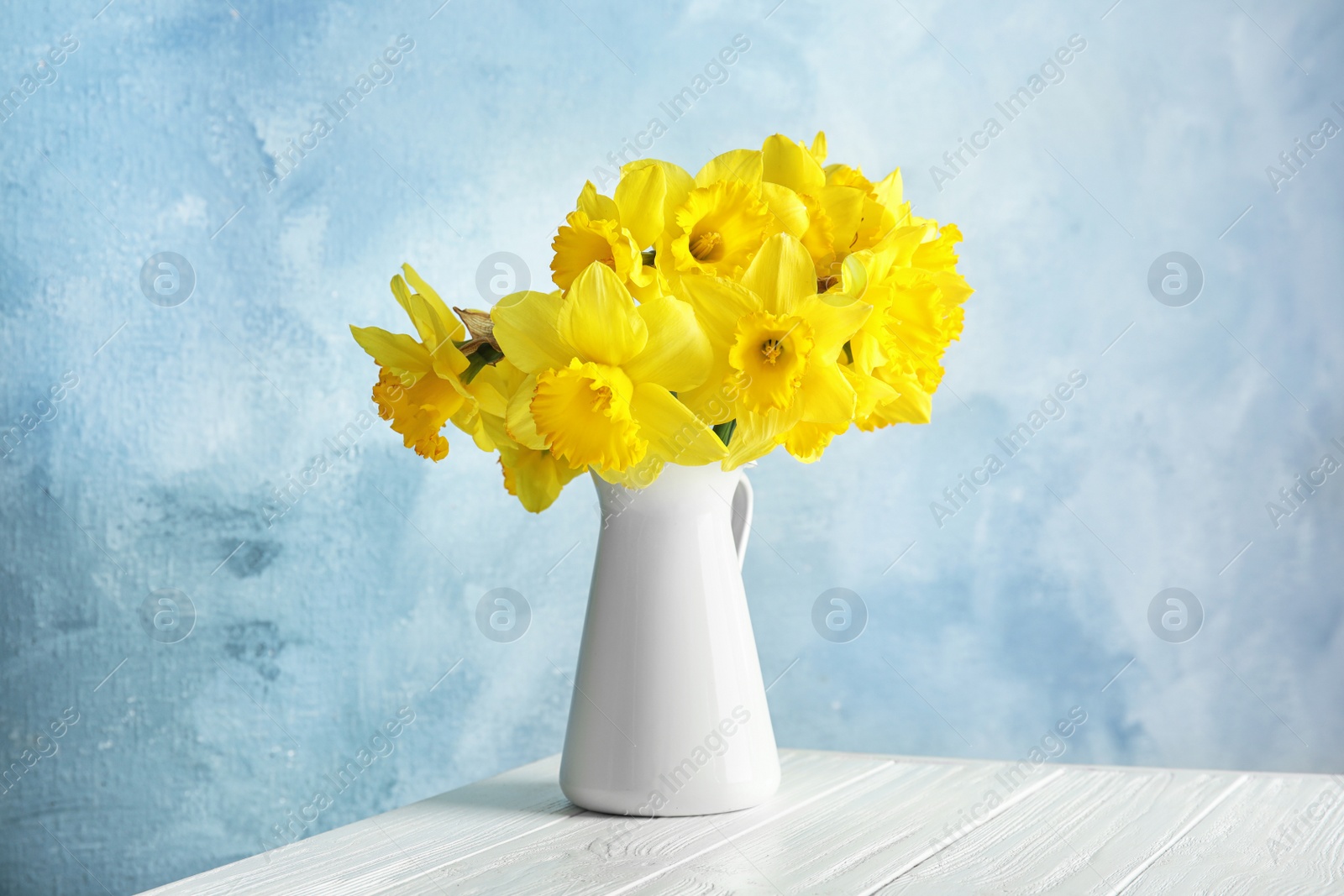 Photo of Bouquet of daffodils in jug on table against color background. Fresh spring flowers