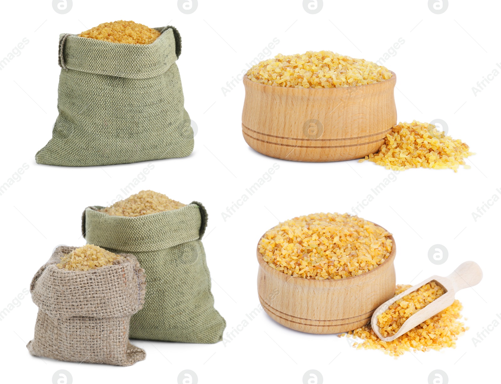 Image of Collage with bags and wooden bowls of uncooked bulgur on white background