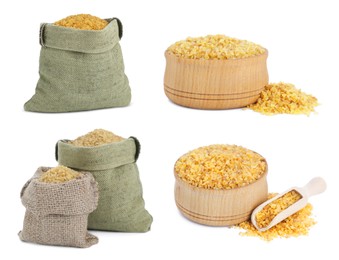 Image of Collage with bags and wooden bowls of uncooked bulgur on white background