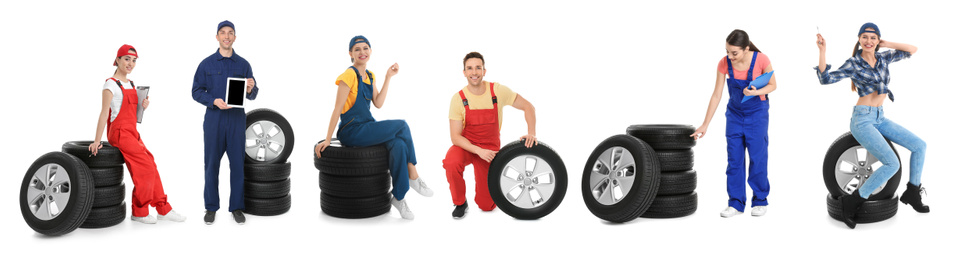 Image of Collage with photos of young mechanics and tires on white background, banner design. Auto store 